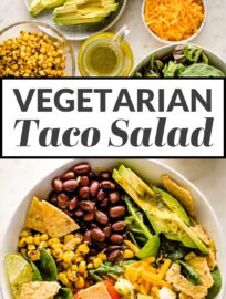 Tacos get a healthy upgrade in the form of a Vegetarian Taco Salad with black beans, a rainbow of veggies, crushed tortilla chips, and a mouth-watering fresh cilantro lime salad dressing.