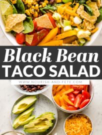 Tacos get a healthy upgrade in the form of a Vegetarian Taco Salad with black beans, a rainbow of veggies, crushed tortilla chips, and a mouth-watering fresh cilantro lime salad dressing.