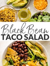 Tacos get a healthy upgrade in the form of a Vegetarian Taco Salad with black beans, a rainbow of veggies, crushed tortilla chips, and a mouth-watering fresh cilantro lime salad dressing.