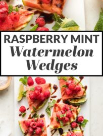 Watermelon Raspberry Mint Wedges: summer on a plate! Slices of crisp watermelon piled high with sweet berries, dusted with zippy mint, lime, and sea salt, then drizzled with tangy balsamic glaze. Serve as an appetizer, snack, or even a salad.