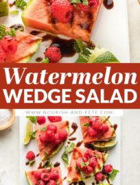 Watermelon Raspberry Mint Wedges: summer on a plate! Slices of crisp watermelon piled high with sweet berries, dusted with zippy mint, lime, and sea salt, then drizzled with tangy balsamic glaze. Serve as an appetizer, snack, or even a salad.