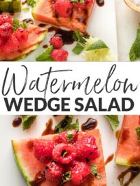 Watermelon Raspberry Mint Wedges: summer on a plate! Slices of crisp watermelon piled high with sweet berries, dusted with zippy mint, lime, and sea salt, then drizzled with tangy balsamic glaze. Serve as an appetizer, snack, or even a salad.