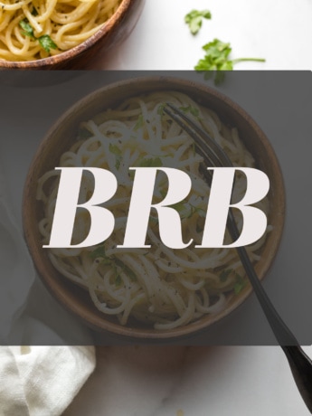Photo of a bowl of spaghetti with the letters "BRB" superimposed on top.