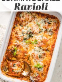 This delicious Baked Ravioli is easy, cheesy, and comforting. You get gourmet flavor in about 30 minutes, with minimal prep and clean-up!