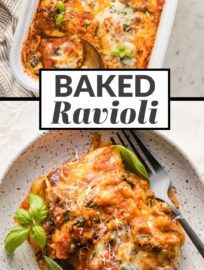 This delicious Baked Ravioli is easy, cheesy, and comforting. You get gourmet flavor in about 30 minutes, with minimal prep and clean-up!