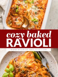 This delicious Baked Ravioli is easy, cheesy, and comforting. You get gourmet flavor in about 30 minutes, with minimal prep and clean-up!