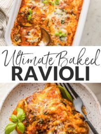 This delicious Baked Ravioli is easy, cheesy, and comforting. You get gourmet flavor in about 30 minutes, with minimal prep and clean-up!