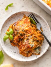 This delicious Baked Ravioli is easy, cheesy, and comforting. You get gourmet flavor in about 30 minutes, with minimal prep and clean-up!
