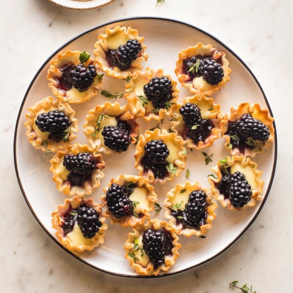 Small white plate filled with blackberry brie bites in mini phyllo cups.