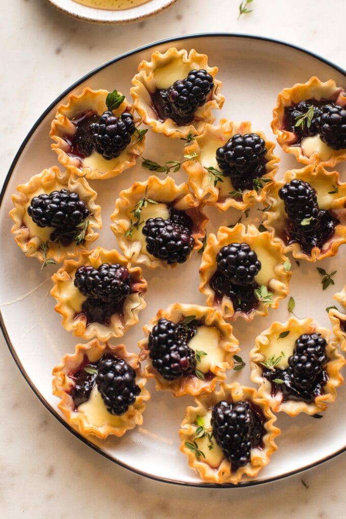 Small white plate filled with blackberry brie bites in mini phyllo cups.