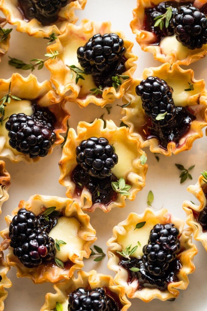Close up image of a baked brie phyllo cup with blackberries, thyme, and honey.