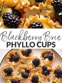 Petite and pretty, these miniature baked brie phyllo cups with blackberries, honey, and thyme are a beautiful finger food, easy to assemble and with a lovely contrast of textures.