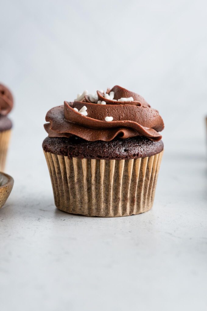 Head-on view of a perfectly domed chocolate buttermilk cupcake in a brown paper wrapper topped with chocolate frosting and white sprinkles.