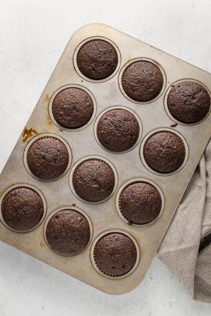 Baked, unfrosted chocolate cupcakes sitting in a muffin tin.