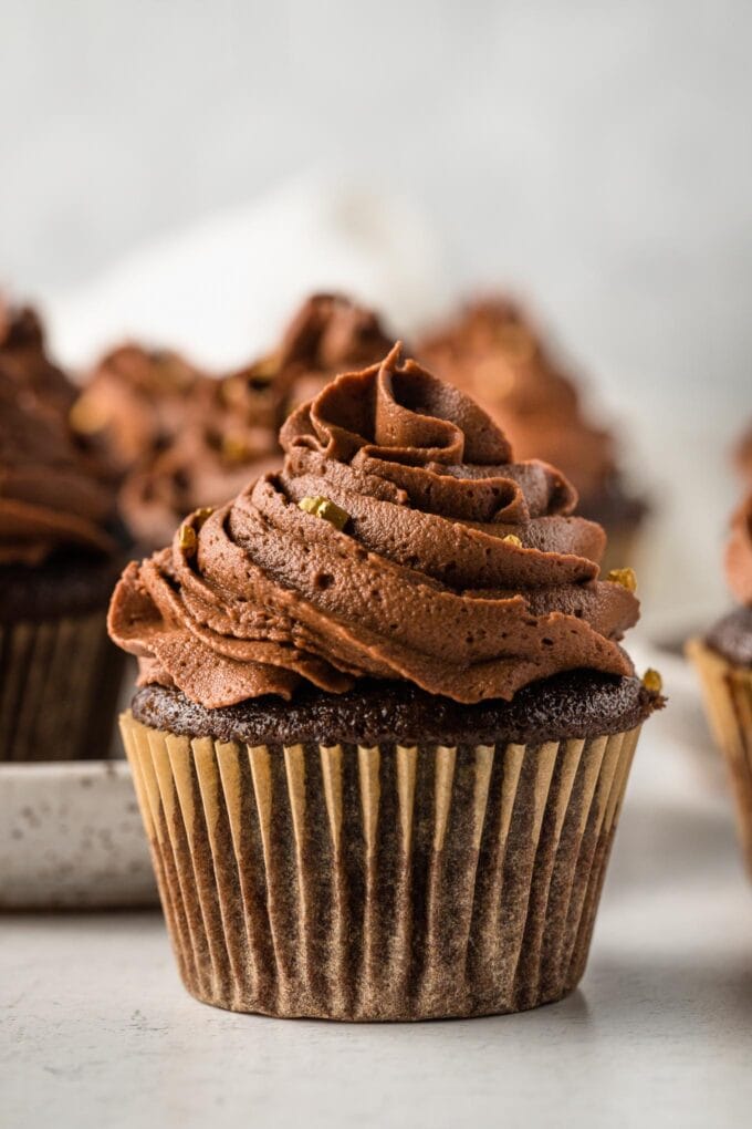 Close-up of a chocolate buttermilk cupcake.