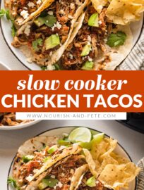 With just five ingredients and five minutes of prep, Crockpot Shredded Chicken Tacos are a meal you’ll reach for again and again! Make a big batch—Mexican shredded chicken freezes well and is delicious in tacos, bowls, enchiladas, and salads.