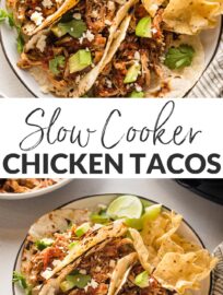 With just five ingredients and five minutes of prep, Crockpot Shredded Chicken Tacos are a meal you’ll reach for again and again! Make a big batch—Mexican shredded chicken freezes well and is delicious in tacos, bowls, enchiladas, and salads.