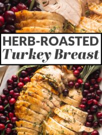 This herb roasted turkey breast delivers buttery, crackly brown skin encasing juicy white meat flavored with rosemary, sage, and thyme. Better yet, it's a cinch to make! Serve this baked turkey breast for a smaller-scale holiday feast or a hearty everyday dinner.