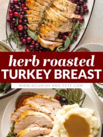 This herb roasted turkey breast delivers buttery, crackly brown skin encasing juicy white meat flavored with rosemary, sage, and thyme. Better yet, it's a cinch to make! Serve this baked turkey breast for a smaller-scale holiday feast or a hearty everyday dinner.