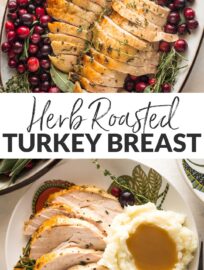 This herb roasted turkey breast delivers buttery, crackly brown skin encasing juicy white meat flavored with rosemary, sage, and thyme. Better yet, it's a cinch to make! Serve this baked turkey breast for a smaller-scale holiday feast or a hearty everyday dinner.
