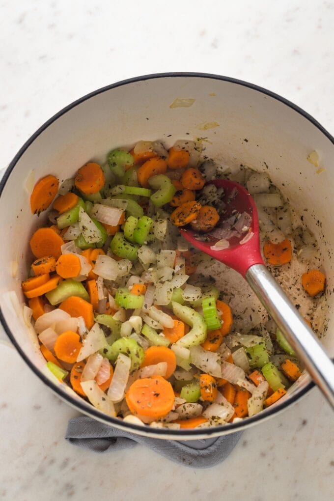 Veggies cooked until softened.