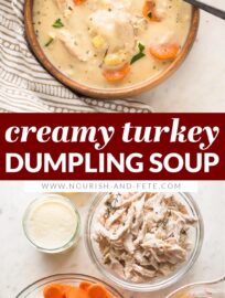 Cozy, easy to make, and completely delicious, these bowls of creamy turkey and dumplings will satisfy you and put extra turkey to good use!