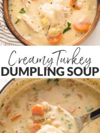 Cozy, easy to make, and completely delicious, these bowls of creamy turkey and dumplings will satisfy you and put extra turkey to good use!