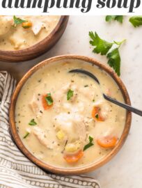 Cozy, easy to make, and completely delicious, these bowls of creamy turkey and dumplings will satisfy you and put extra turkey to good use!