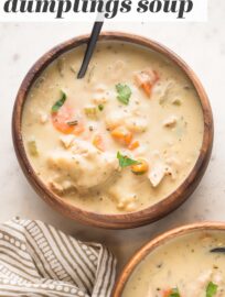 Cozy, easy to make, and completely delicious, these bowls of creamy turkey and dumplings will satisfy you and put extra turkey to good use!