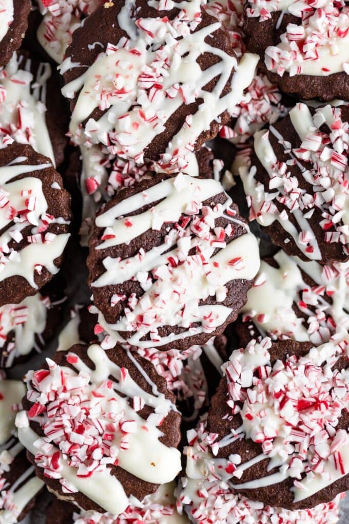 Close up of peppermint bark cookies.