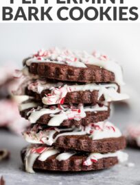 Peppermint bark cookies are seriously fun, festive, and delicious! A thin, tender chocolate cookie drizzled with white chocolate and sprinkled with crushed candies, this is the traditional peppermint bark you love converted into an adorable cookie.