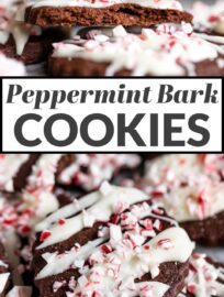 Peppermint bark cookies are seriously fun, festive, and delicious! A thin, tender chocolate cookie drizzled with white chocolate and sprinkled with crushed candies, this is the traditional peppermint bark you love converted into an adorable cookie.