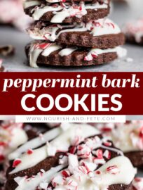 Peppermint bark cookies are seriously fun, festive, and delicious! A thin, tender chocolate cookie drizzled with white chocolate and sprinkled with crushed candies, this is the traditional peppermint bark you love converted into an adorable cookie.