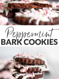 Peppermint bark cookies are seriously fun, festive, and delicious! A thin, tender chocolate cookie drizzled with white chocolate and sprinkled with crushed candies, this is the traditional peppermint bark you love converted into an adorable cookie.