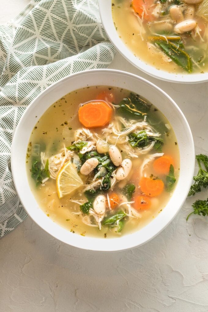 Bowls of white bean chicken soup.