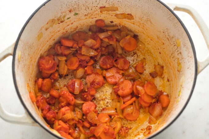 Carrots and onion cooking.