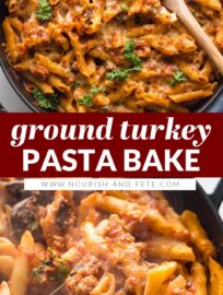 Deliver a cozy and satisfying family dinner with this easy baked Ground Turkey Pasta recipe. You'll love the tender penne tossed in a flavorful sauce of zippy tomatoes, lean turkey, and an Italian herb blend. Ready in about 45 minutes, most of it hands off.