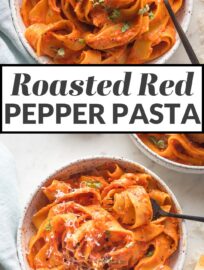 This creamy roasted red pepper pasta is a luxurious but easy dinner ready in just 30 minutes. Perfect with a sprinkle of basil and Parmesan!