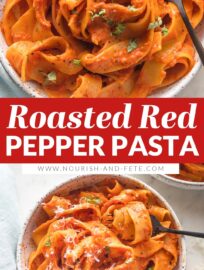 This creamy roasted red pepper pasta is a luxurious but easy dinner ready in just 30 minutes. Perfect with a sprinkle of basil and Parmesan!