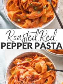 This creamy roasted red pepper pasta is a luxurious but easy dinner ready in just 30 minutes. Perfect with a sprinkle of basil and Parmesan!