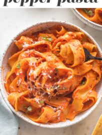 This creamy roasted red pepper pasta is a luxurious but easy dinner ready in just 30 minutes. Perfect with a sprinkle of basil and Parmesan!