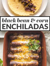 Quick, easy, and oh so flavorful, these Black Bean and Corn Enchiladas will be a new family favorite! They're so delicious and filling, no one will ever miss the meat. Top with sauce, cheese, avocado, and cilantro for a meatless Mexican recipe everyone will enjoy!