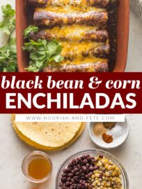 Quick, easy, and oh so flavorful, these Black Bean and Corn Enchiladas will be a new family favorite! They're so delicious and filling, no one will ever miss the meat. Top with sauce, cheese, avocado, and cilantro for a meatless Mexican recipe everyone will enjoy!