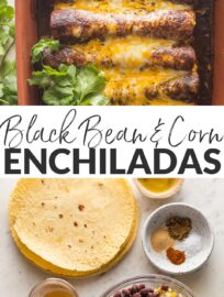 Quick, easy, and oh so flavorful, these Black Bean and Corn Enchiladas will be a new family favorite! They're so delicious and filling, no one will ever miss the meat. Top with sauce, cheese, avocado, and cilantro for a meatless Mexican recipe everyone will enjoy!