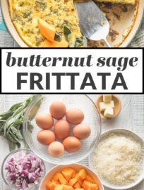 This Butternut Squash Frittata with sage is a delicious and easy one-pan recipe. Filled with woodsy sage, sweet red onion, and tangy Parmesan, it's fluffy, thick, and satisfying. This is the perfect way to enjoy butternut squash for breakfast--or breakfast for dinner!