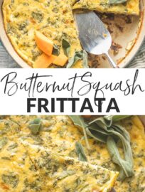 This Butternut Squash Frittata with sage is a delicious and easy one-pan recipe. Filled with woodsy sage, sweet red onion, and tangy Parmesan, it's fluffy, thick, and satisfying. This is the perfect way to enjoy butternut squash for breakfast--or breakfast for dinner!