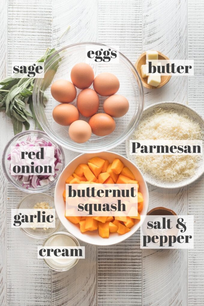 Labeled photo with prep bowls of cubed butternut squash, chopped red onion, grated Parmesan, cream, salt, pepper, minced garlic, eggs, and fresh sage leaves.