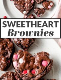 These easy and adorable heart shaped brownies are perfect for Valentine's Day! Fudgy brownies packed with chocolate chips and pink M&Ms, cut into cute heart shapes for maximum sweetness.