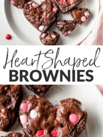 These easy and adorable heart shaped brownies are perfect for Valentine's Day! Fudgy brownies packed with chocolate chips and pink M&Ms, cut into cute heart shapes for maximum sweetness.