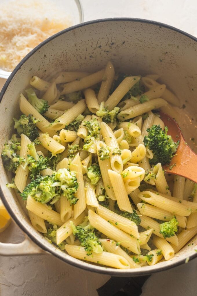 Lemon broccoli pasta tossed together in a Dutch oven with a light sauce.